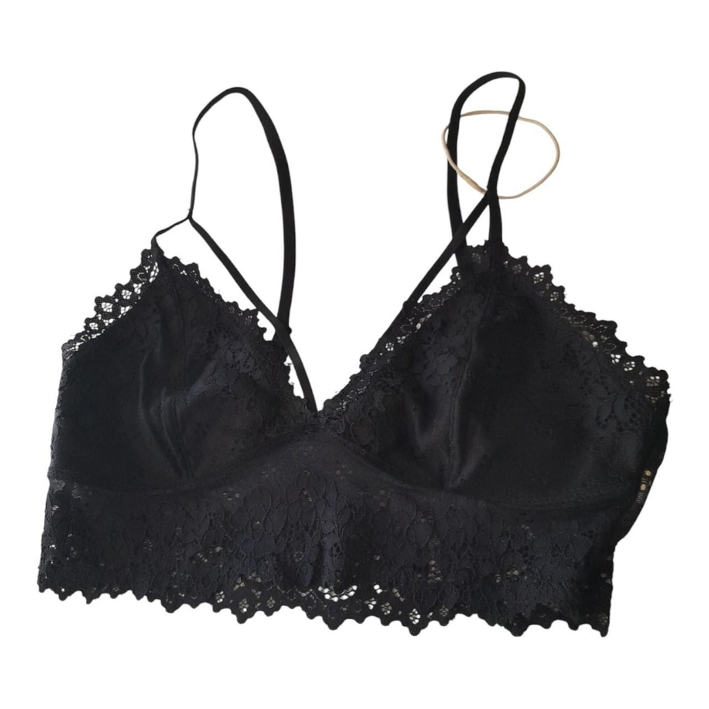 Floral Lace Strappy Caged Bralette Black Sheer Longline Crop Bra Size S - Picture 2 of 8